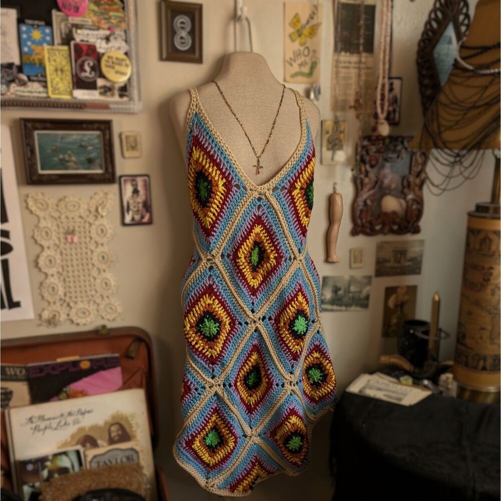 Crochet Knit Granny Square Mini Dress Women's Large Colorful